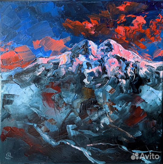 Картина паслом на холсте Эльбрус горы рассвет