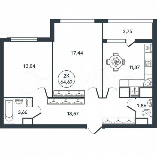 2-к. квартира, 64,7 м², 16/17 эт.