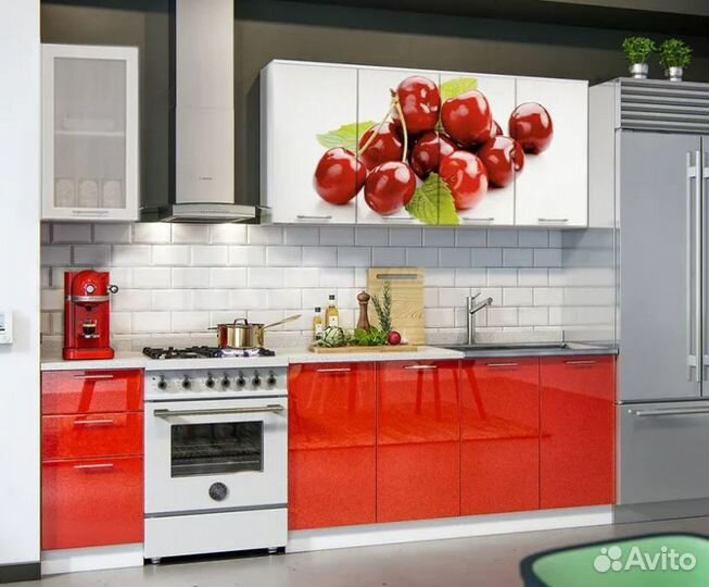 Кухня Вишня 2.0 м белый глянец / красный металлик