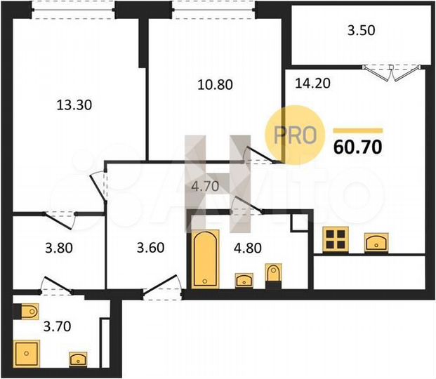 2-к. квартира, 60,7 м², 3/17 эт.