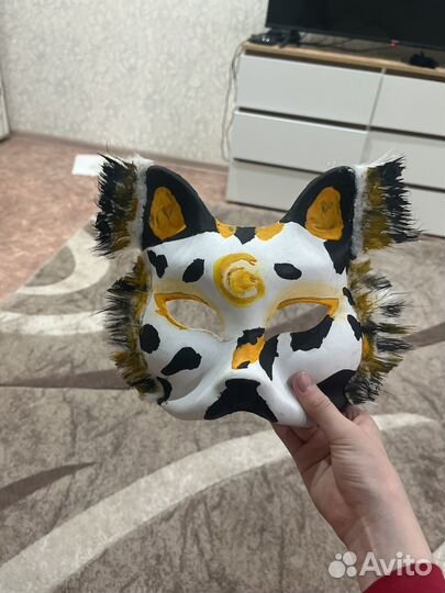 Маска для квадробики,кошка,трёхцветная,с шерстью