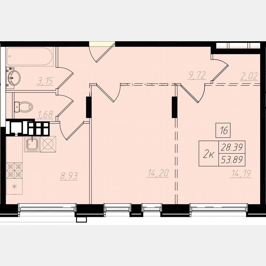 2-к. квартира, 56,9 м², 3/4 эт.