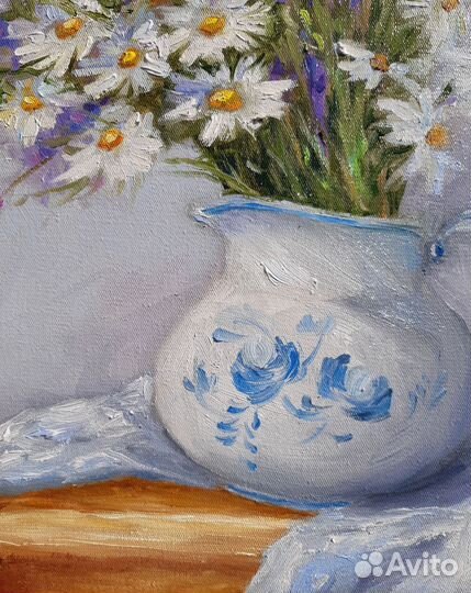 Картина букет ромашки с колокольчиками. Натюрморт