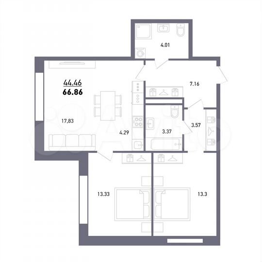 3-к. квартира, 66,9 м², 12/26 эт.