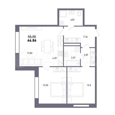3-к. квартира, 66,9 м², 12/26 эт.
