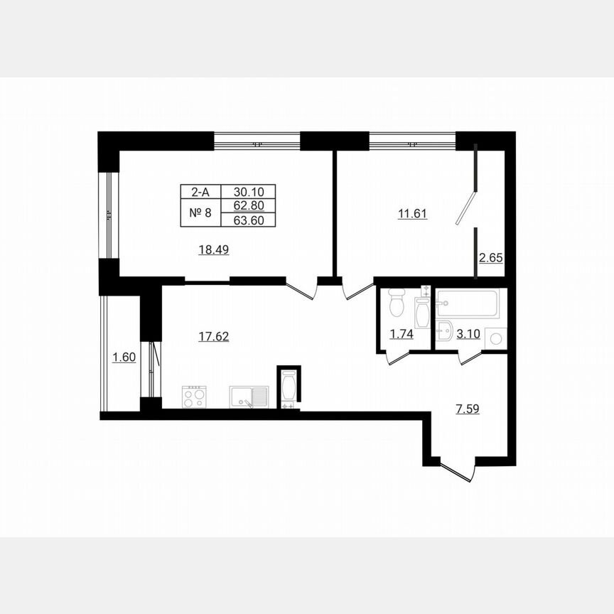 2-к. квартира, 61,8 м², 4/8 эт.
