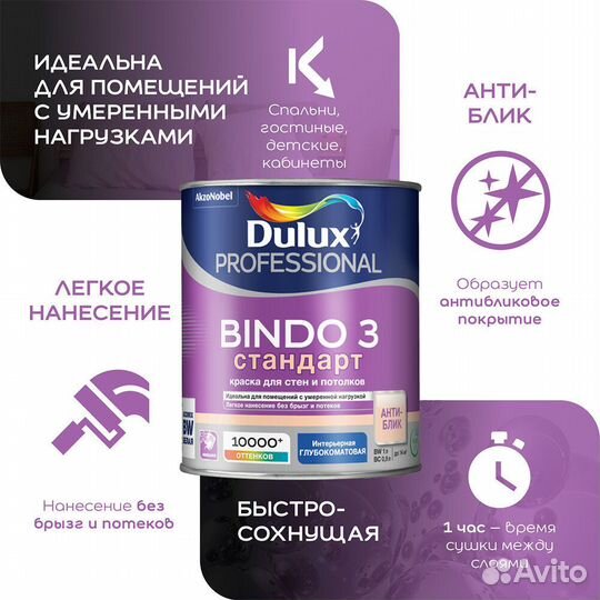 Краска интерьерная Dulux Bindo 3 база BW белая 9 л