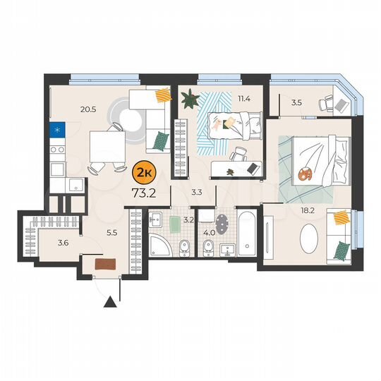 2-к. квартира, 73,2 м², 19/19 эт.