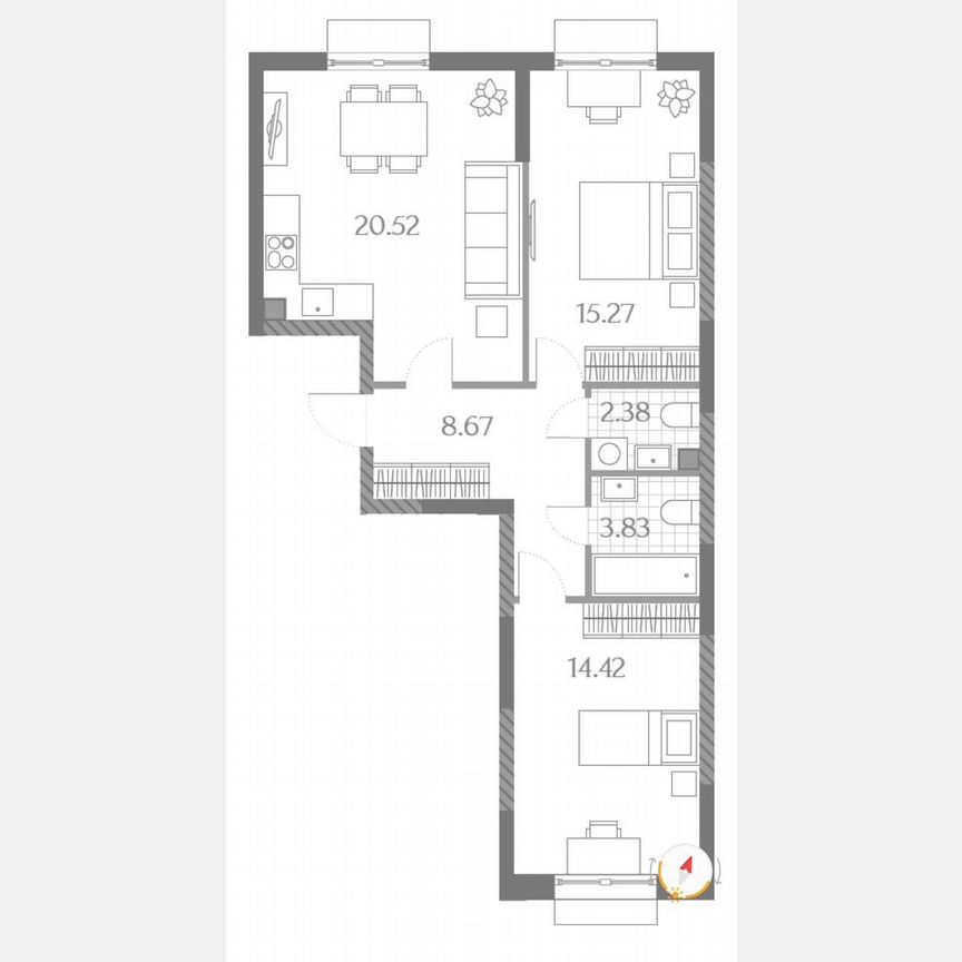 2-к. квартира, 65,1 м², 7/32 эт.