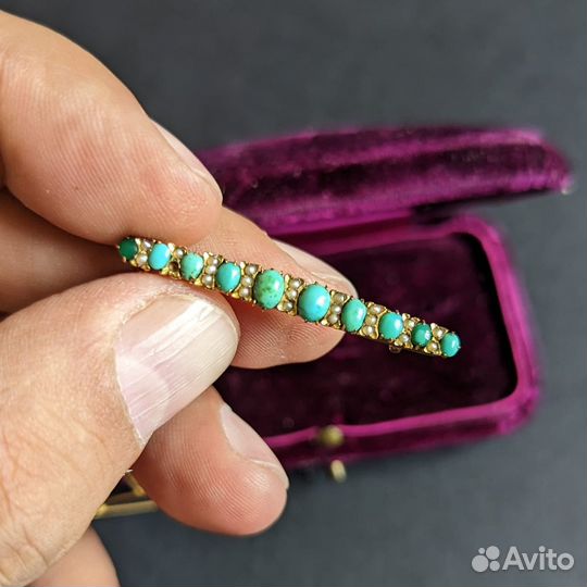 Старинная золотая брошь с бирюзой Англия