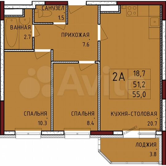 2-к. квартира, 55 м², 11/17 эт.