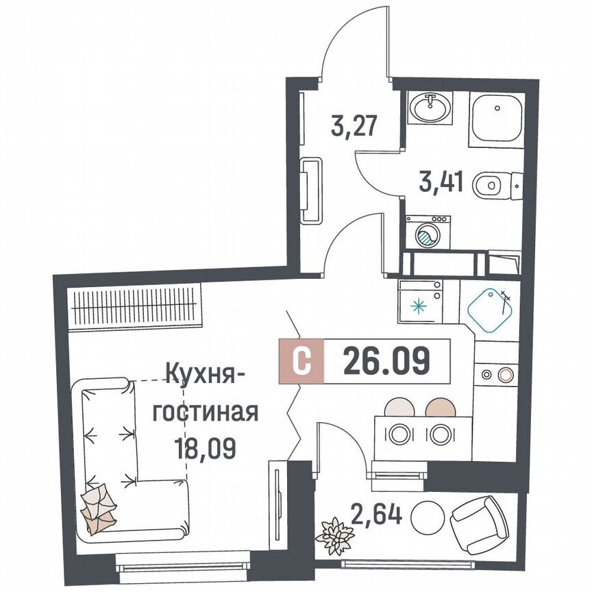 Квартира-студия, 26,1 м², 8/18 эт.