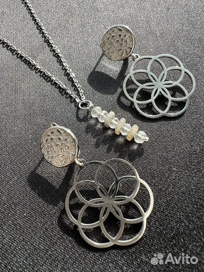 Цветок Жизни Комплект серьги и подвеска аквамарин
