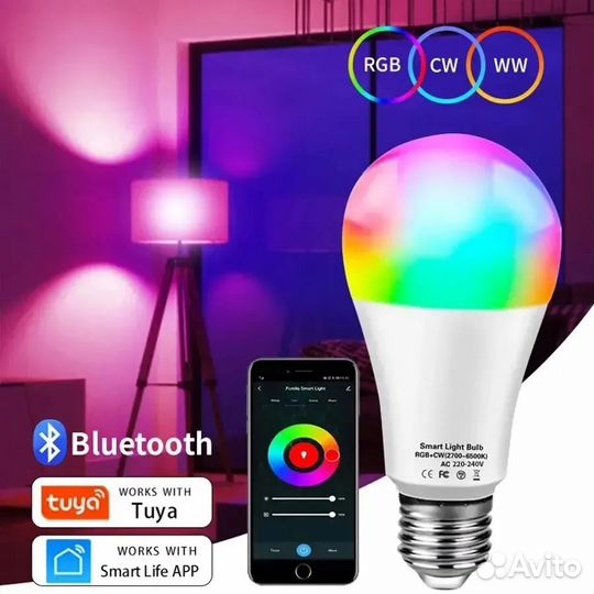 Умная Светодиодная RGB, CCT-лампа 220 В E27, tyua