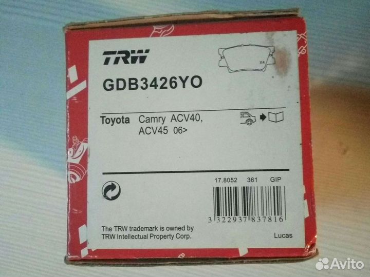 Колодки тормоз. задние TRW для Toyota Camry/ RAV 4