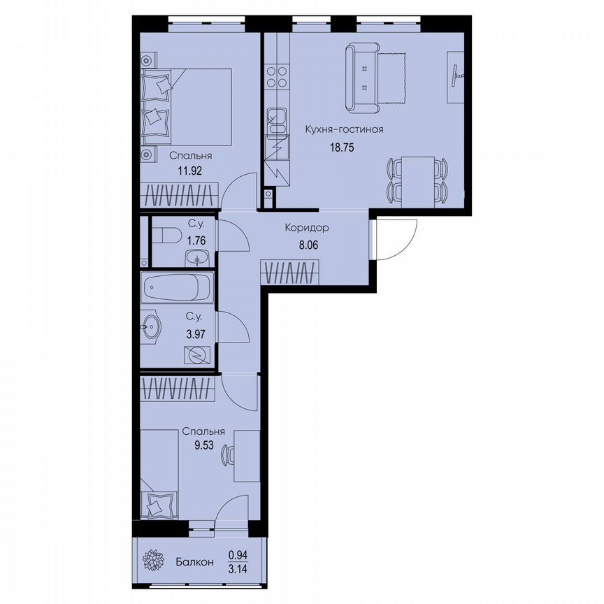 2-к. квартира, 54,9 м², 2/9 эт.
