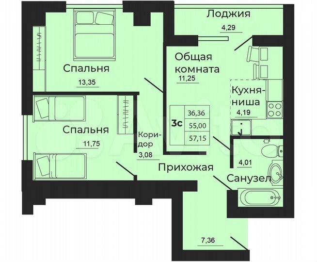 3-к. квартира, 57,2 м², 23/24 эт.