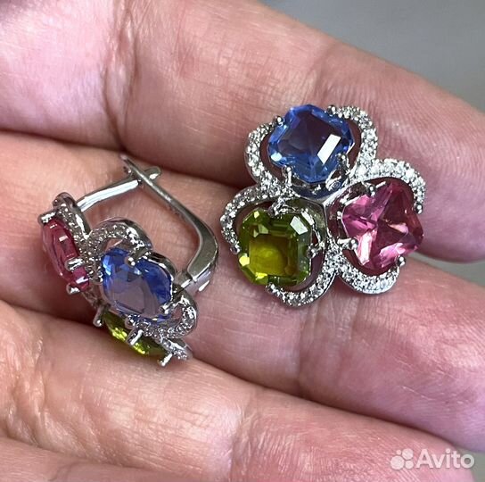 Серьги с мульти камнями серебро