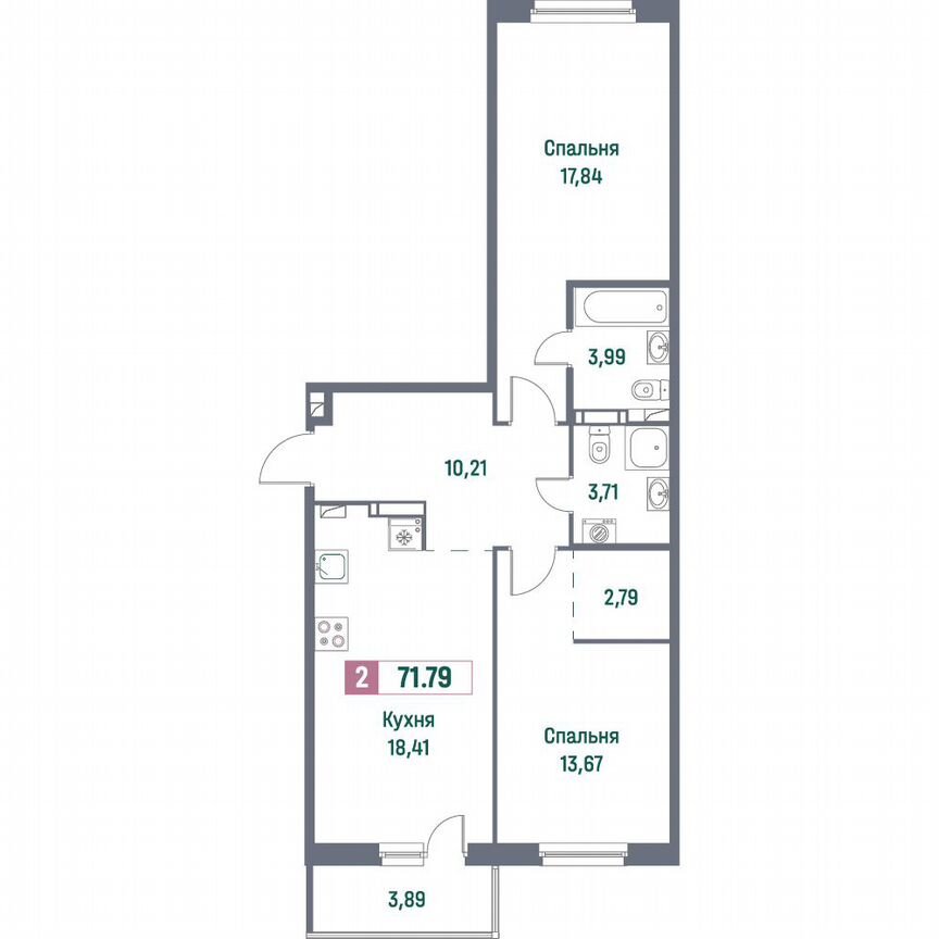 2-к. квартира, 71,8 м², 11/16 эт.