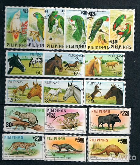 Лошади, Собаки, Кошки, Бабочки, Птицы марки