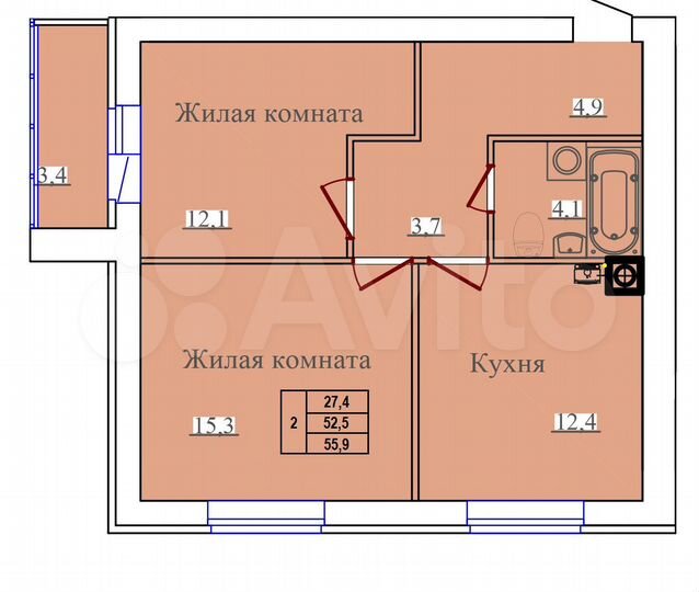 2-к. квартира, 55,9 м², 10/14 эт.