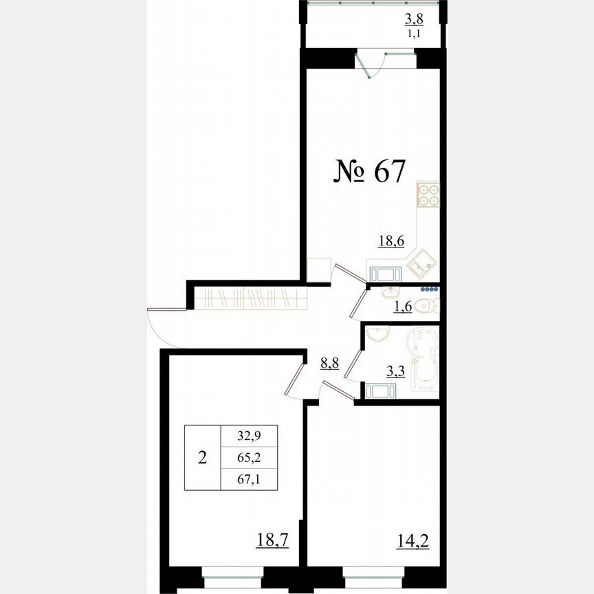 2-к. квартира, 67,1 м², 1/8 эт.