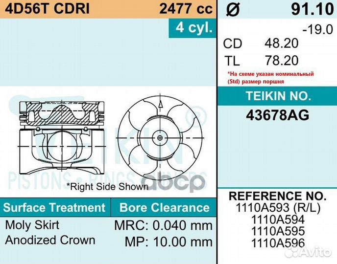 Поршень 4D56T crdi +0.50 43678AG050 teikin