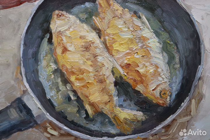 Картина маслом Рыбки Жаренные на двп 25X25см