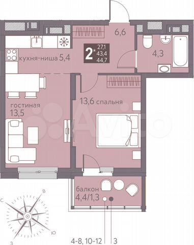 2-к. квартира, 44,7 м², 10/16 эт.