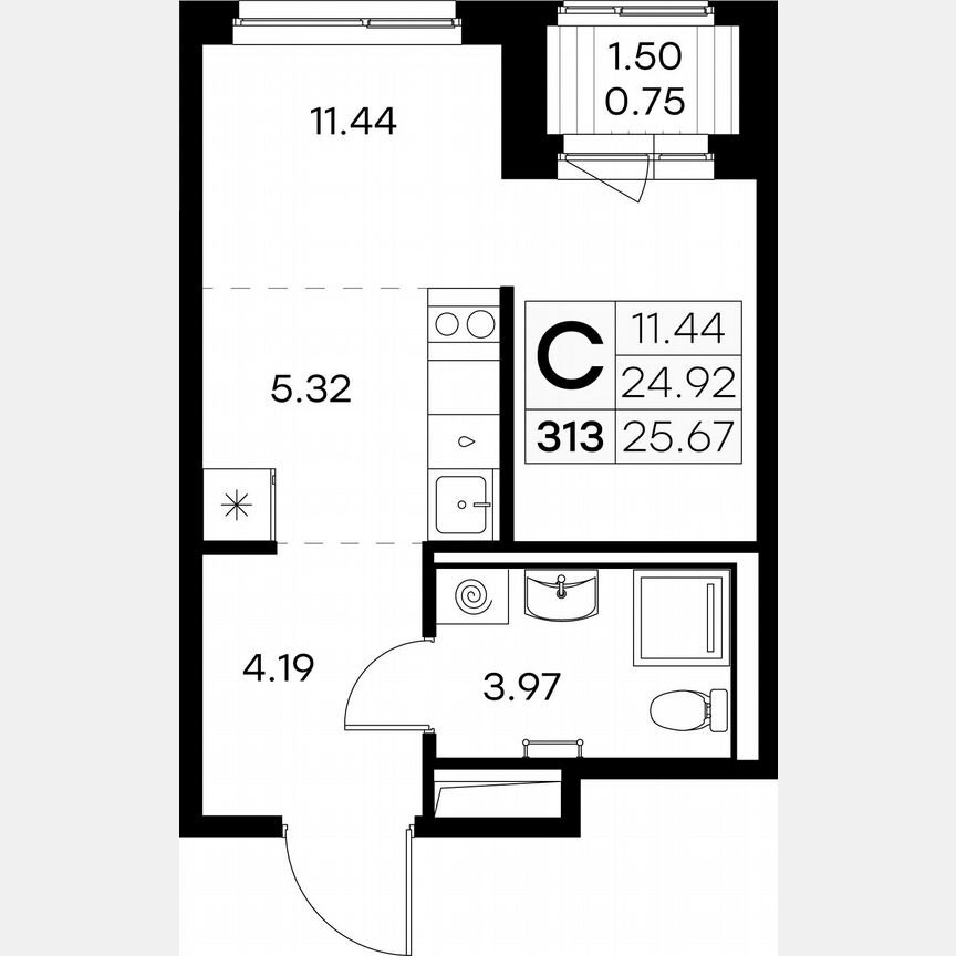 Квартира-студия, 25,7 м², 4/9 эт.
