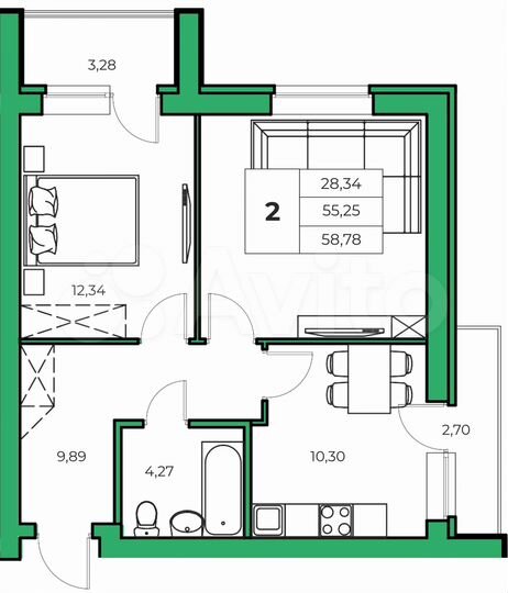 2-к. квартира, 55,3 м², 7/9 эт.