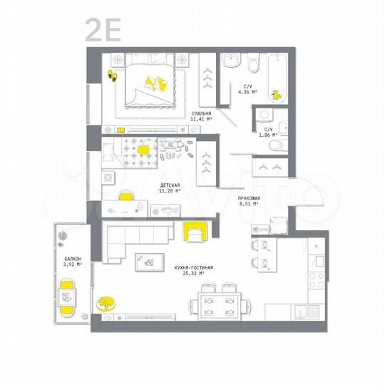 2-к. квартира, 66,6 м², 13/25 эт.