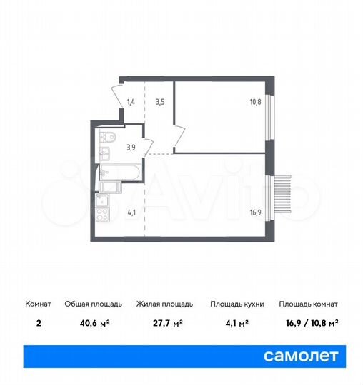 2-к. квартира, 40,6 м², 15/17 эт.
