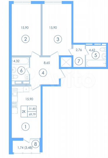 2-к. квартира, 69,8 м², 1/13 эт.