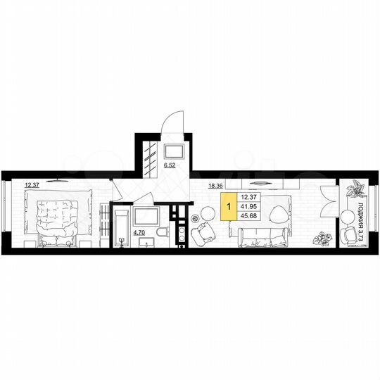1-к. квартира, 45,7 м², 6/7 эт.