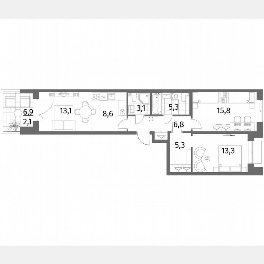 3-к. квартира, 73,4 м², 1/6 эт.