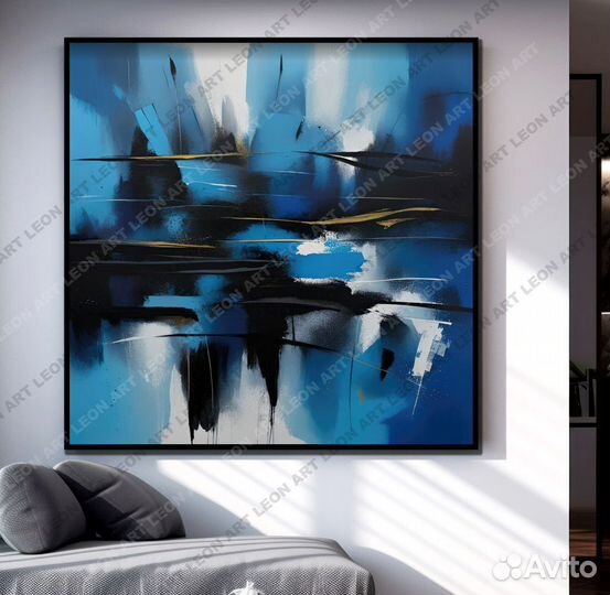 Картина большая на холсте абстракция синий голубой