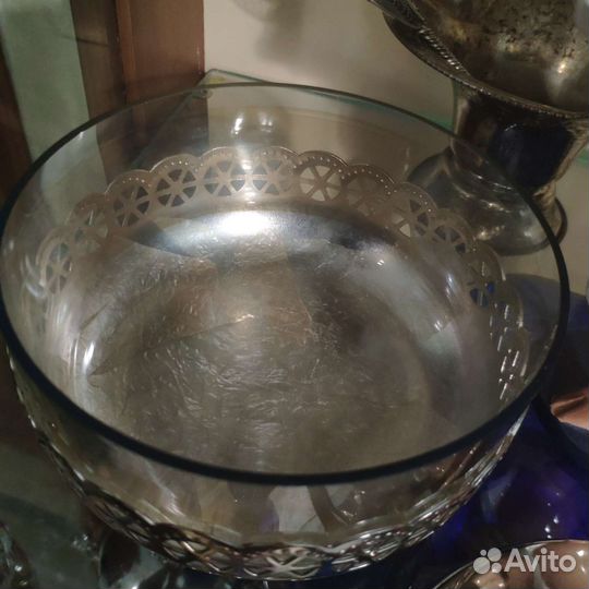 Ваза конфетница сахарница стекло хрусталь мельхиор