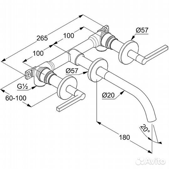 Смеситель для раковины настенный, излив 18 см,керамические кранбуксы, черный матовый