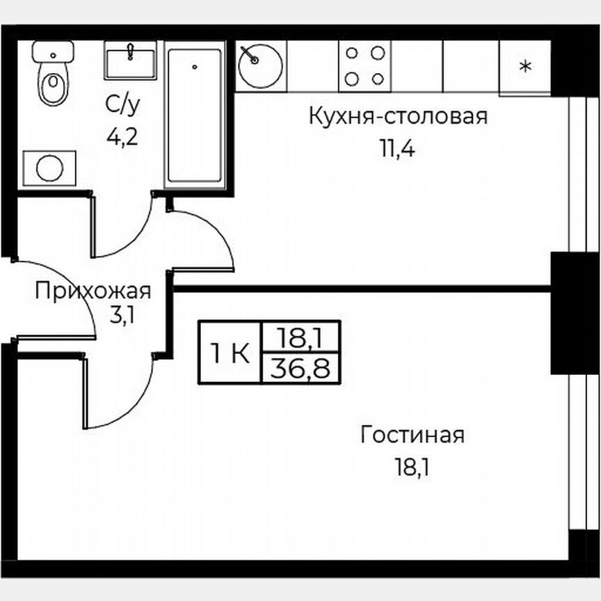 1-к. апартаменты, 36,8 м², 18/30 эт.