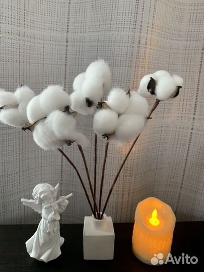 Электронная свеча хлопковый букет ваза из гипса