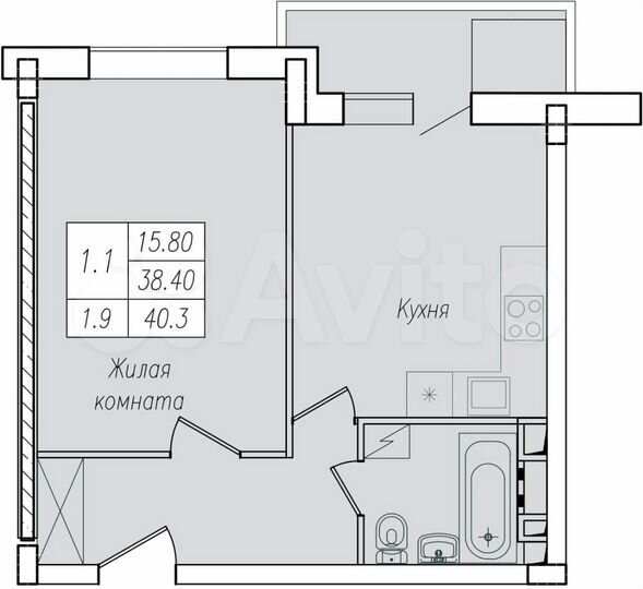 1-к. квартира, 40,3 м², 1/10 эт.