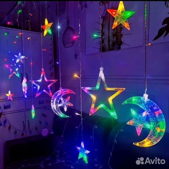 Гирлянда звезды, снежинки, колокольчики