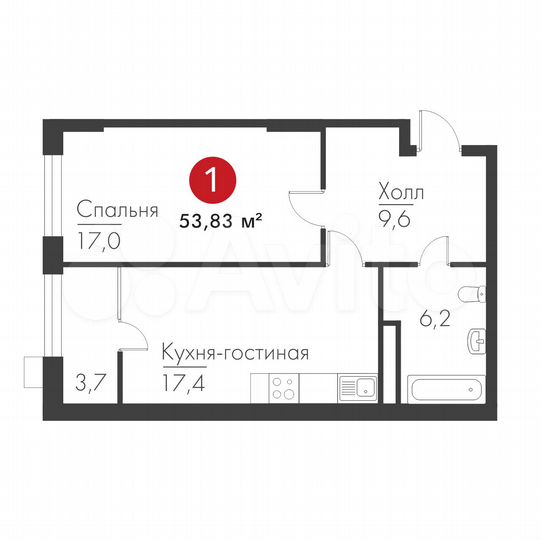 1-к. квартира, 53,8 м², 1/19 эт.