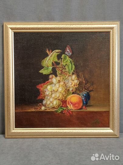 Маслом на холсте Натюрморт с фруктами и бабочкой