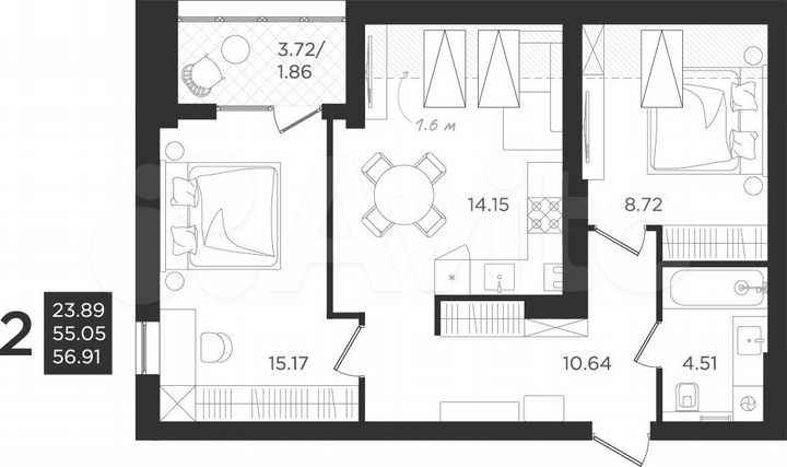 2-к. квартира, 55 м², 4/4 эт.