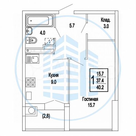 1-к. квартира, 40,2 м², 5/9 эт.