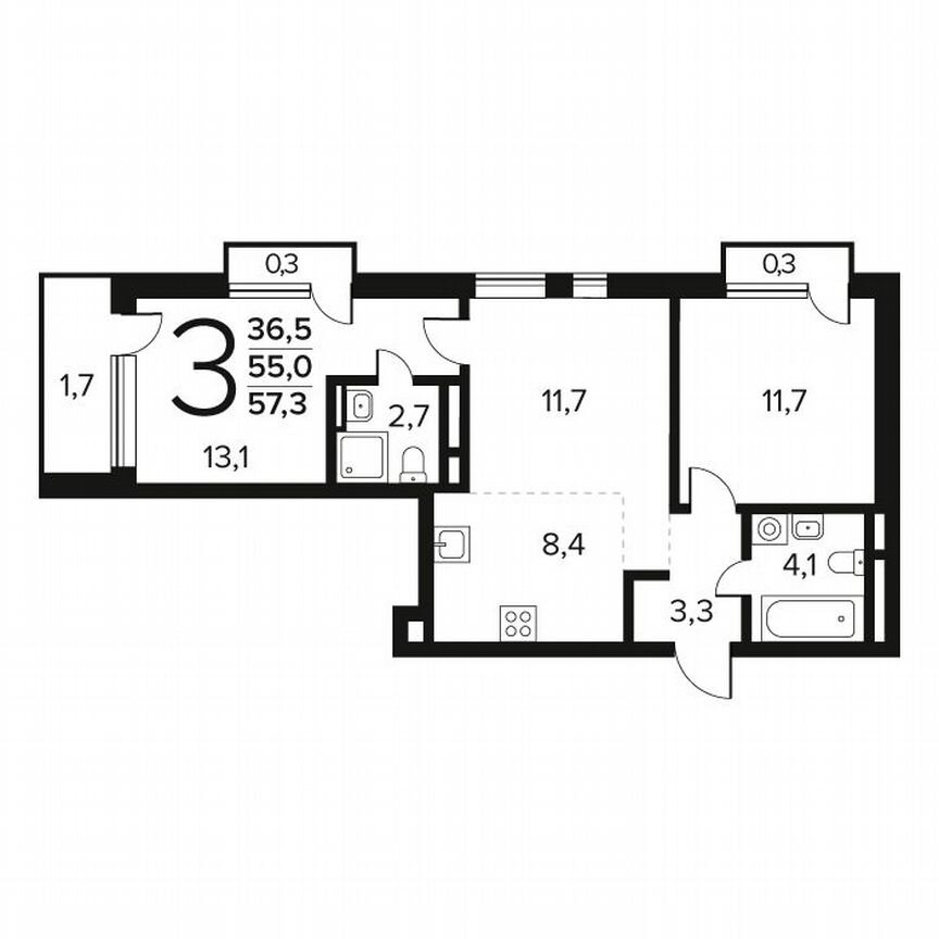 3-к. квартира, 57,3 м², 12/14 эт.