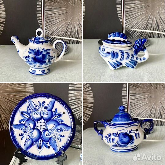 Гжель сахарница и посуда, фигурки