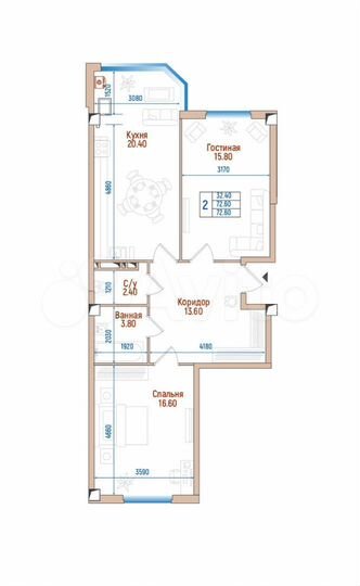 2-к. квартира, 72,6 м², 4/8 эт.